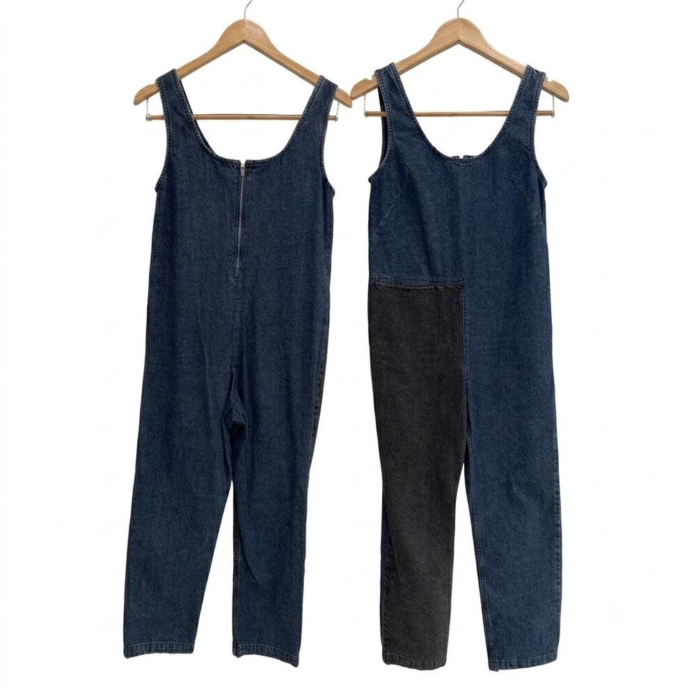 RACHEL COMEY Contrast Black & Blue Denim Overalls Colorblock jumpsuit blue black